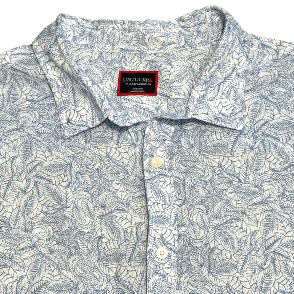 UNTUCKit Terlan Linen Camp Shirt Men XXXL Blue Leaf Print Short Sleeve Button Up